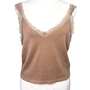 American Eagle Lace Trim Ribbed Tank Top Tan Stretch Cami Size Large